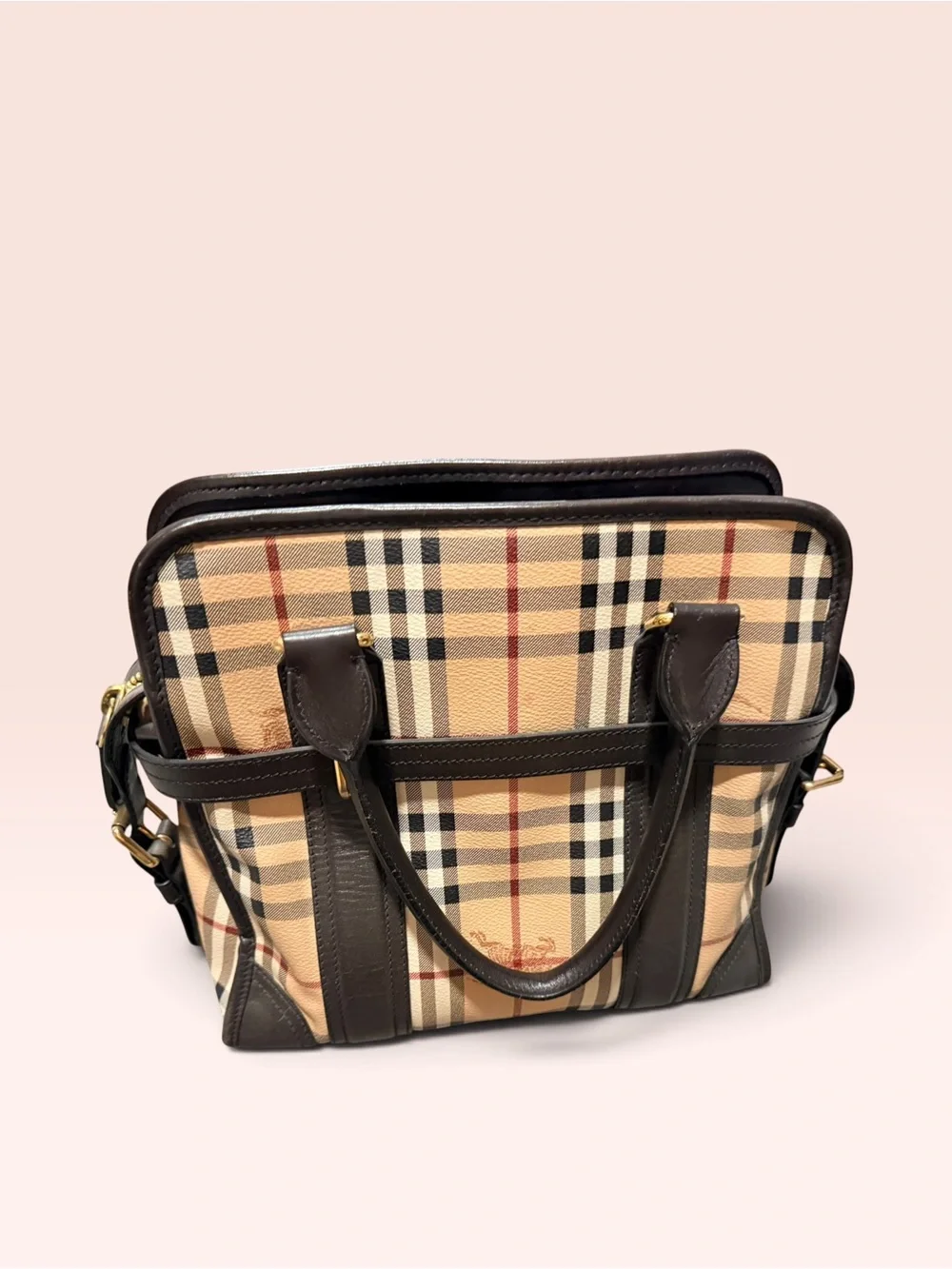 Burberry Beige Check Leather-Trim Briefcase with Gold Hardware